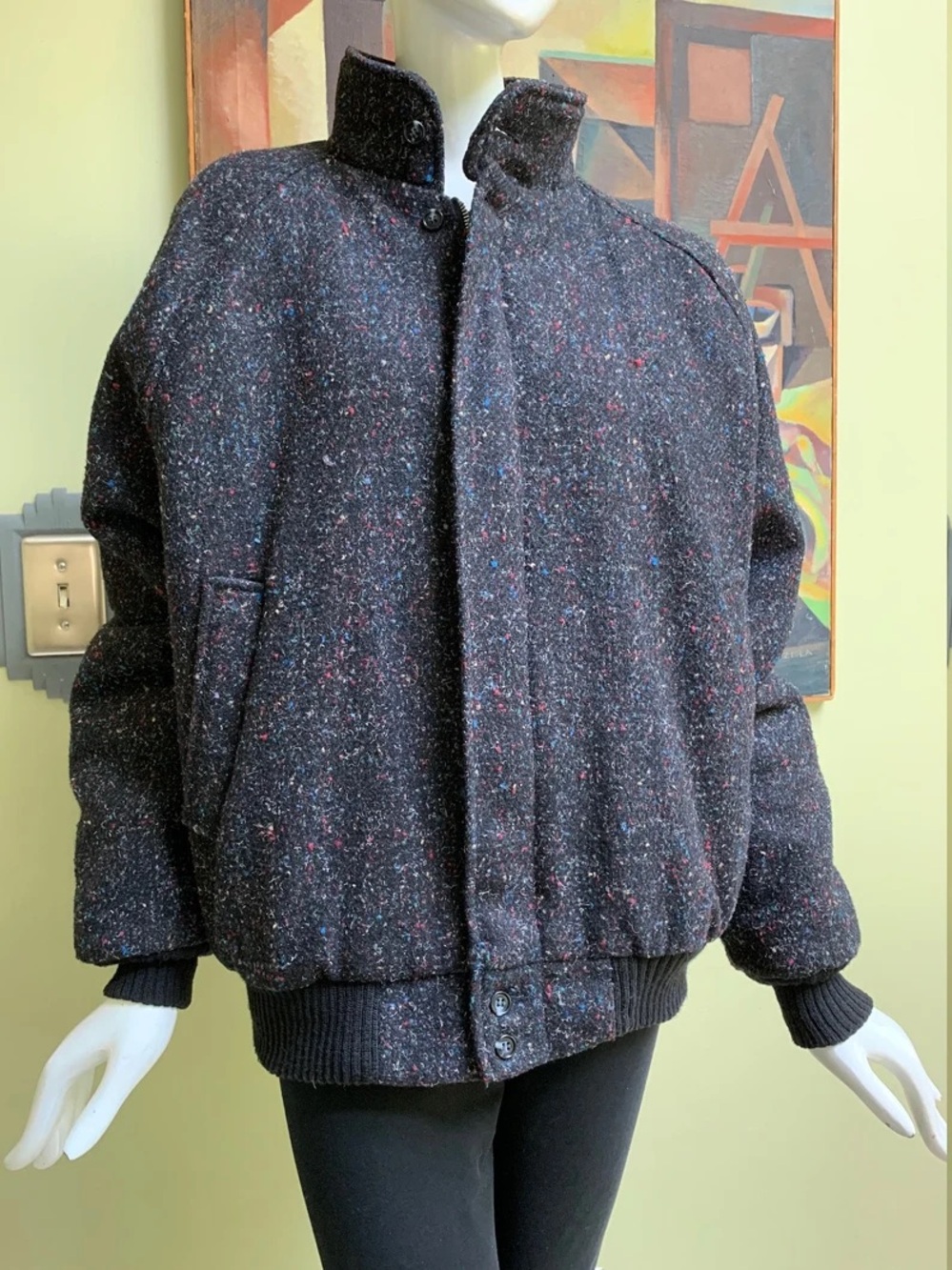 Vintage New Wave Black Atomic Flecked Bomber Jacket - Large